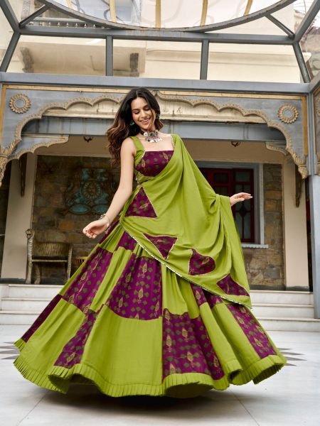 Exquisite Green Ajrakh Print Lehenga with Gotta Patti and Tassel Work at Wholesale Rate Wholesale Lehengas Suppliers in Canada