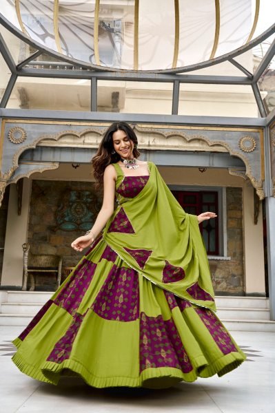 Exquisite Green Ajrakh Print Lehenga with Gotta Patti and Tassel Work at Wholesale Rate Navratri Lehnega Choli