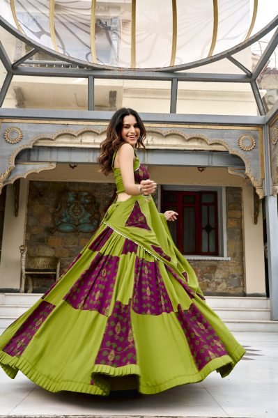 Exquisite Green Ajrakh Print Lehenga with Gotta Patti and Tassel Work at Wholesale Rate Navratri Lehnega Choli