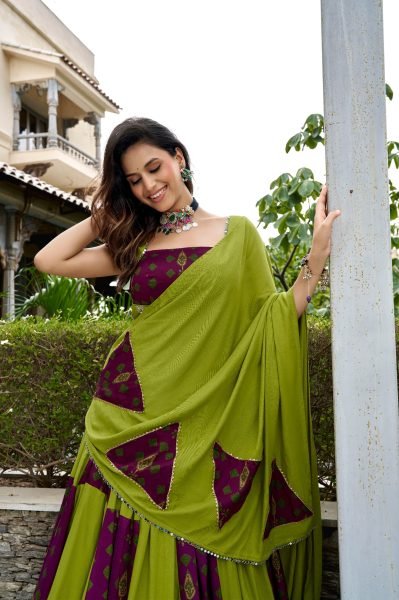 Exquisite Green Ajrakh Print Lehenga with Gotta Patti and Tassel Work at Wholesale Rate Navratri Lehnega Choli