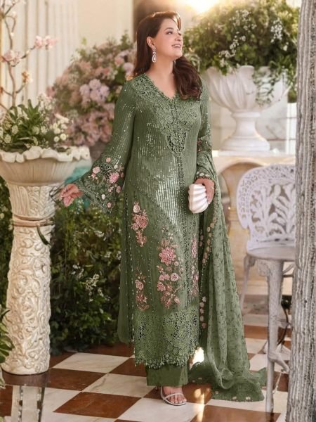 Exquisite Green Chiffon Three Piece Suit with French Silk Bottom at Manufacturer  Salwar Kameez