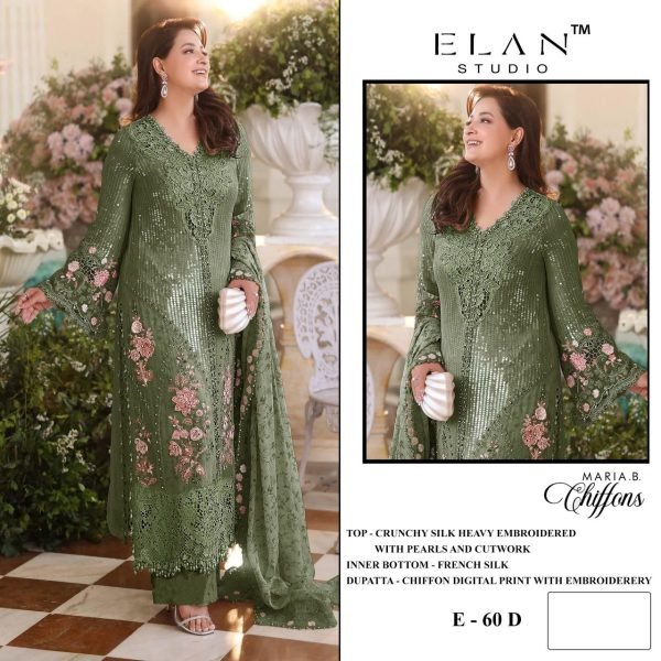 Exquisite Green Chiffon Three Piece Suit with French Silk Bottom at Manufacturer  Pakistani Suits Wholesale