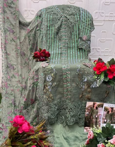 Exquisite Green Chiffon Three Piece Suit with French Silk Bottom at Manufacturer  Pakistani Suits Wholesale