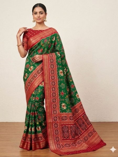 Exquisite Green Rudraksh Patola Silk Zari Border Patola Saree Collection Patola Silk Sarees Wholesale