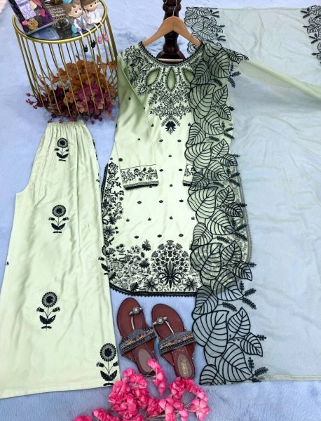 Exquisite Green Satin Kurti Set With Organza Dupatta For Wholesale Manufacturer Ready To Wear Collection