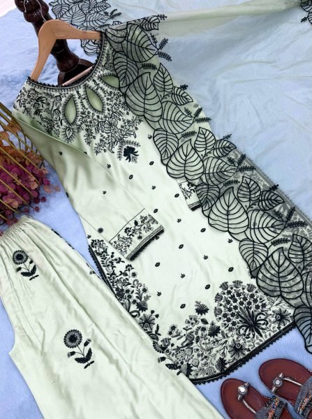 Exquisite Green Satin Kurti Set With Organza Dupatta For Wholesale Manufacturer Ready To Wear Collection