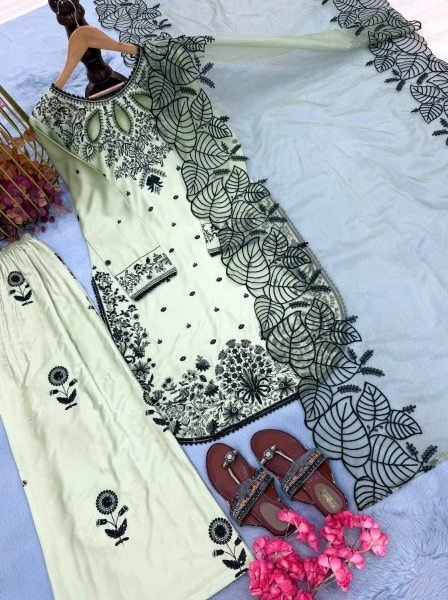 Exquisite Green Satin Kurti Set With Organza Dupatta For Wholesale Manufacturer Ready To Wear Collection