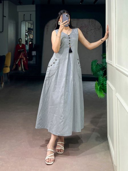 Exquisite Grey Designer Khadi Cotton Long Kurti with Wooden Buttons for Women Kurtis