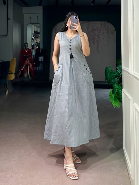 Exquisite Grey Designer Khadi Cotton Long Kurti with Wooden Buttons for Women Anarkali Kurtis 