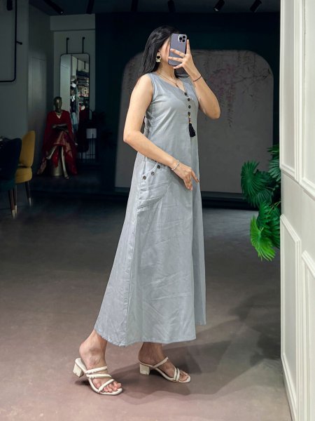 Exquisite Grey Designer Khadi Cotton Long Kurti with Wooden Buttons for Women Anarkali Kurtis 
