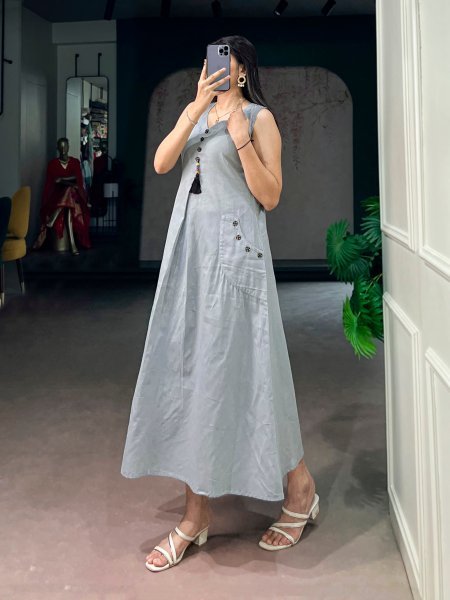 Exquisite Grey Designer Khadi Cotton Long Kurti with Wooden Buttons for Women Anarkali Kurtis 