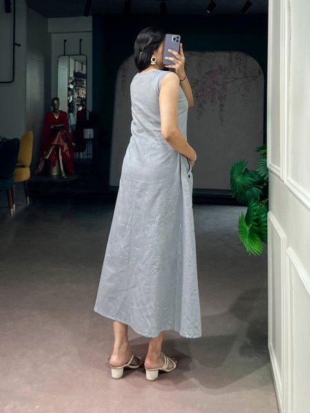 Exquisite Grey Designer Khadi Cotton Long Kurti with Wooden Buttons for Women Anarkali Kurtis 