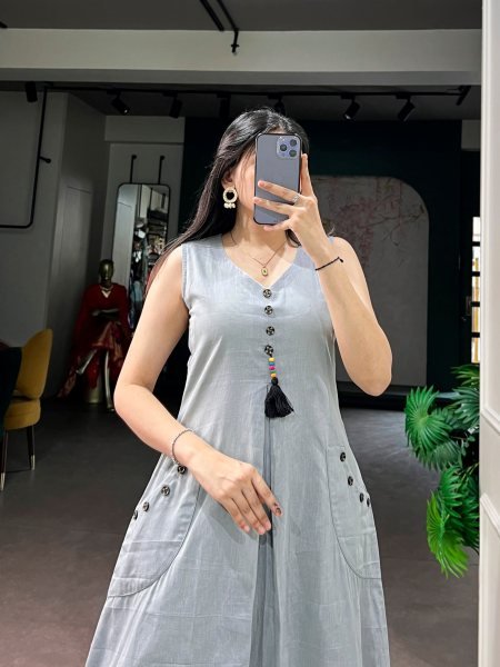 Exquisite Grey Designer Khadi Cotton Long Kurti with Wooden Buttons for Women Anarkali Kurtis 