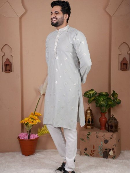 Exquisite Grey Malai Silk Embroidered Kurta Set for Festive Wear at Wholesale Rate Mens Wear
