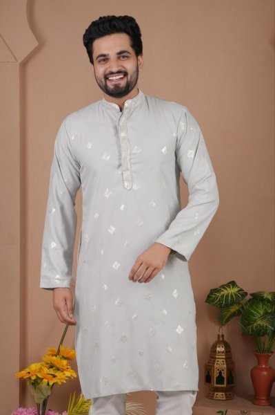 Exquisite Grey Malai Silk Embroidered Kurta Set for Festive Wear at Wholesale Rate Kurta Pajama Wholesale