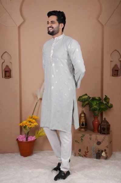 Exquisite Grey Malai Silk Embroidered Kurta Set for Festive Wear at Wholesale Rate Kurta Pajama Wholesale