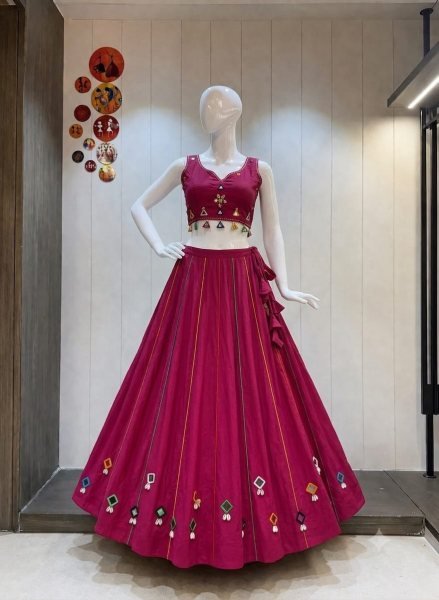 Exquisite Hot Pink Fully Stitched Rayon Cotton Lehenga Choli with Canvas Stitching Navratri Lehnega Choli