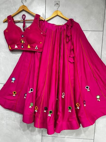 Exquisite Hot Pink Fully Stitched Rayon Cotton Lehenga Choli with Canvas Stitching Navratri Lehnega Choli