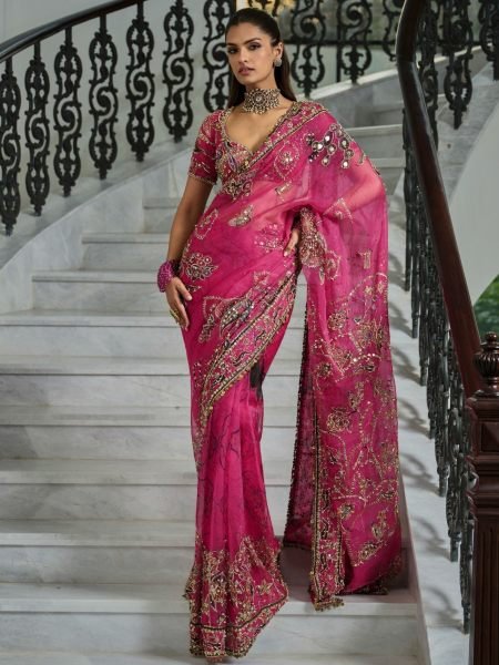 Exquisite Hot Pink Party Wear Tabby Silk Saree with Heavy Sequin Cutdana Work at Manufacturer  Sarees 