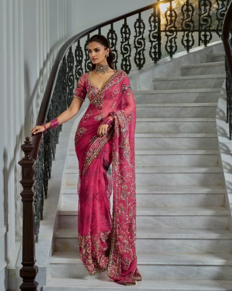 Exquisite Hot Pink Party Wear Tabby Silk Saree with Heavy Sequin Cutdana Work at Manufacturer  Silk Sarees Wholesale