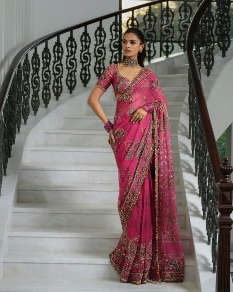 Exquisite Hot Pink Party Wear Tabby Silk Saree with Heavy Sequin Cutdana Work at Manufacturer  Silk Sarees Wholesale