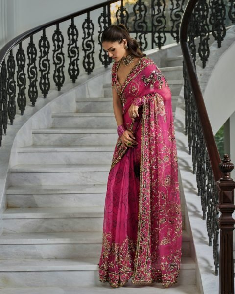 Exquisite Hot Pink Party Wear Tabby Silk Saree with Heavy Sequin Cutdana Work at Manufacturer  Silk Sarees Wholesale