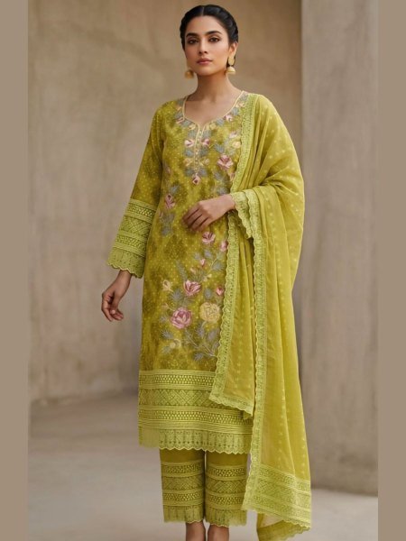 Exquisite Lime Yellow Heavy Georgette Suit with Digital Prints and Embroidery Neck Work 