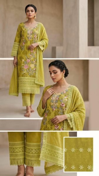 Exquisite Lime Yellow Heavy Georgette Suit with Digital Prints and Embroidery Neck Work Pakistani Suits Wholesale