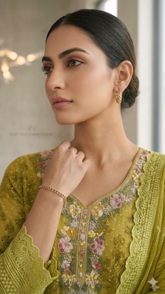 Exquisite Lime Yellow Heavy Georgette Suit with Digital Prints and Embroidery Neck Work Pakistani Suits Wholesale