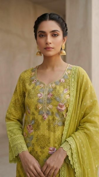 Exquisite Lime Yellow Heavy Georgette Suit with Digital Prints and Embroidery Neck Work Pakistani Suits Wholesale