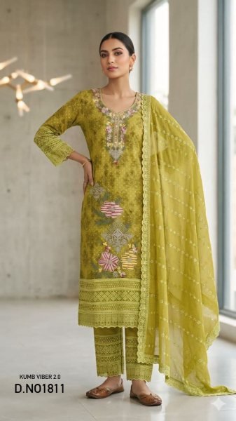 Exquisite Lime Yellow Heavy Georgette Suit with Digital Prints and Embroidery Neck Work Pakistani Suits Wholesale