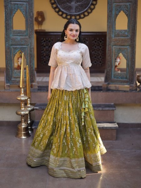 Exquisite Mahendi Green Full Stitched Lehenga Choli Set with Tissue Jacquard Blouse for Weddings  Lehenga