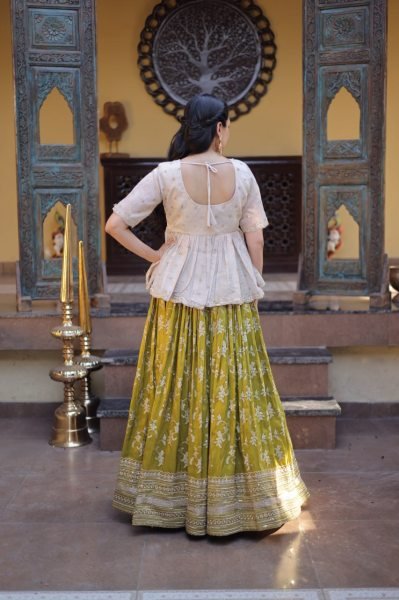 Exquisite Mahendi Green Full Stitched Lehenga Choli Set with Tissue Jacquard Blouse for Weddings Designer Lehenga Choli