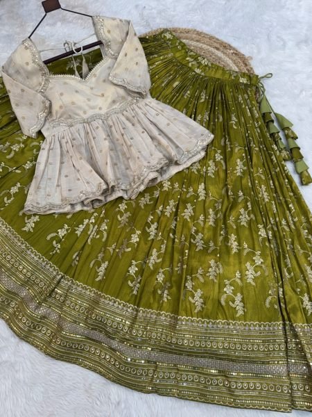 Exquisite Mahendi Green Full Stitched Lehenga Choli Set with Tissue Jacquard Blouse for Weddings Designer Lehenga Choli