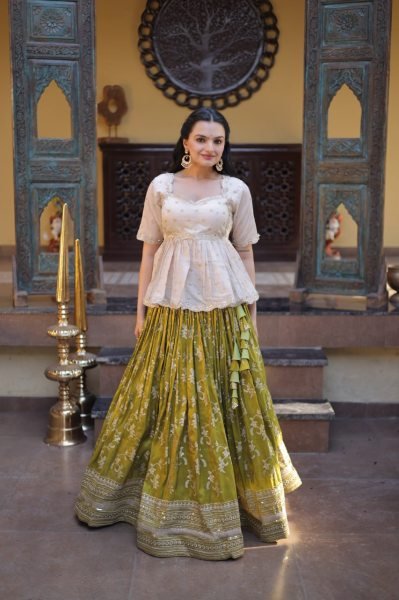 Exquisite Mahendi Green Full Stitched Lehenga Choli Set with Tissue Jacquard Blouse for Weddings Designer Lehenga Choli