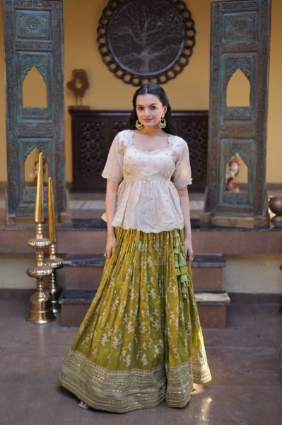 Exquisite Mahendi Green Full Stitched Lehenga Choli Set with Tissue Jacquard Blouse for Weddings Designer Lehenga Choli