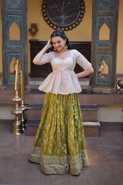 Exquisite Mahendi Green Full Stitched Lehenga Choli Set with Tissue Jacquard Blouse for Weddings Designer Lehenga Choli