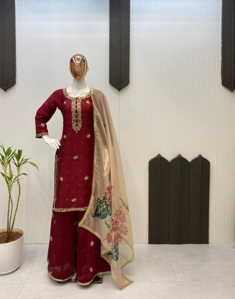 Exquisite Maroon Chinon Silk Punjabi Style Palazzo Suit with Embroidered Dupatta Ideal for Weddings Ready To Wear Collection