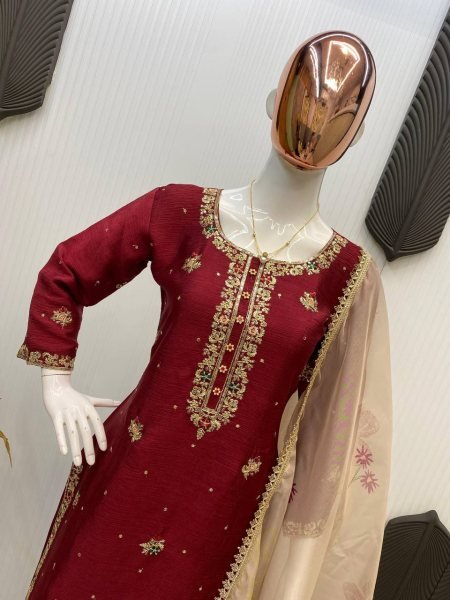 Exquisite Maroon Chinon Silk Punjabi Style Palazzo Suit with Embroidered Dupatta Ideal for Weddings Ready To Wear Collection