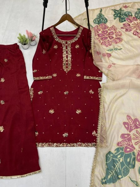 Exquisite Maroon Chinon Silk Punjabi Style Palazzo Suit with Embroidered Dupatta Ideal for Weddings Ready To Wear Collection