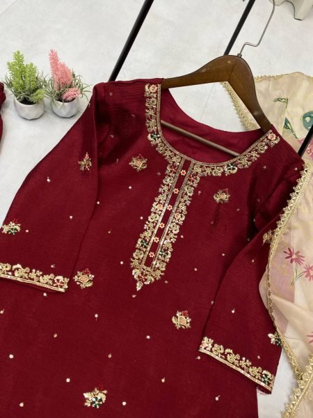 Exquisite Maroon Chinon Silk Punjabi Style Palazzo Suit with Embroidered Dupatta Ideal for Weddings Ready To Wear Collection