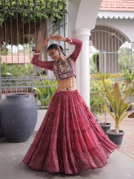 Exquisite Maroon Designer Faux Georgette Bandhani Lehenga Choli with 12 Meter Flair  Lehenga