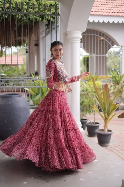 Exquisite Maroon Designer Faux Georgette Bandhani Lehenga Choli with 12 Meter Flair Navratri Lehnega Choli