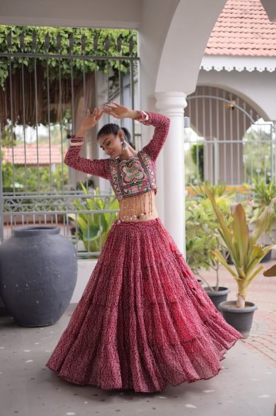 Exquisite Maroon Designer Faux Georgette Bandhani Lehenga Choli with 12 Meter Flair Navratri Lehnega Choli