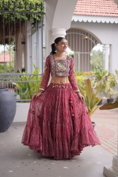 Exquisite Maroon Designer Faux Georgette Bandhani Lehenga Choli with 12 Meter Flair Navratri Lehnega Choli