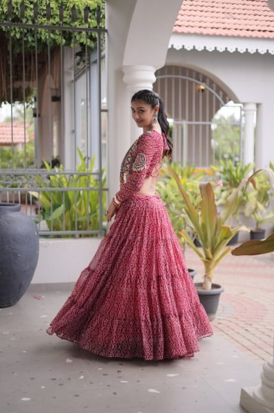 Exquisite Maroon Designer Faux Georgette Bandhani Lehenga Choli with 12 Meter Flair Navratri Lehnega Choli
