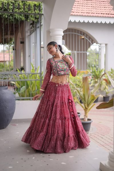 Exquisite Maroon Designer Faux Georgette Bandhani Lehenga Choli with 12 Meter Flair Navratri Lehnega Choli