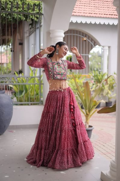 Exquisite Maroon Designer Faux Georgette Bandhani Lehenga Choli with 12 Meter Flair Navratri Lehnega Choli