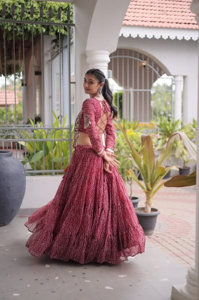 Exquisite Maroon Designer Faux Georgette Bandhani Lehenga Choli with 12 Meter Flair Navratri Lehnega Choli