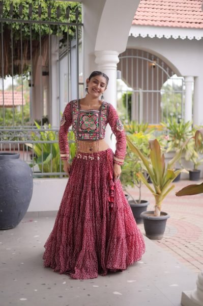 Exquisite Maroon Designer Faux Georgette Bandhani Lehenga Choli with 12 Meter Flair Navratri Lehnega Choli